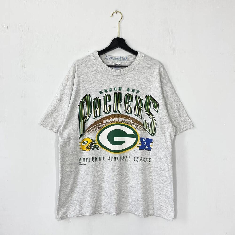 90s Green Bay Packers NFL Football Sportswear Print Logo Grey  Tee